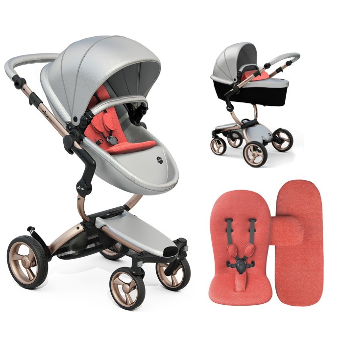 Stroller Mima Xari Argento chassis Rose Gold starter pack Coral Red