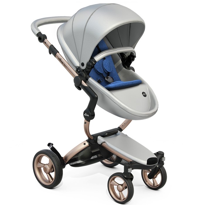 Stroller Mima Xari Argento chassis Rose Gold starter pack Denim Blue