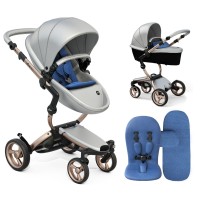 Stroller Mima Xari Argento chassis Rose Gold starter pack Denim Blue