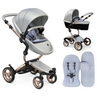 Stroller Mima Xari Argento chassis Rose Gold starter pack Pixel Blue