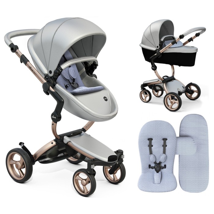 Stroller Mima Xari Argento chassis Rose Gold starter pack Pixel Blue