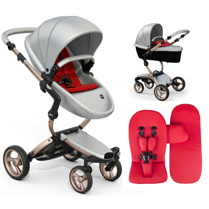 Stroller Mima Xari Argento chassis Rose Gold starter pack Ruby Red