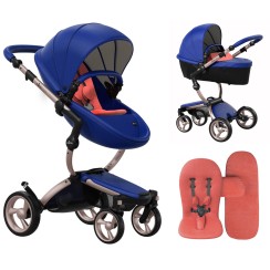 Коляска Mima Xari Royal Blue шасі Rose Gold стартовий набір Coral Red