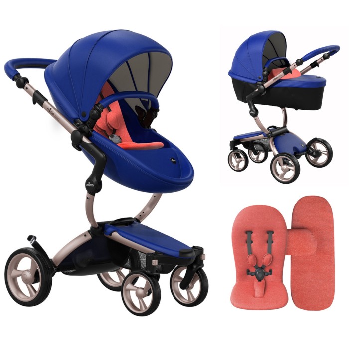 Коляска Mima Xari Royal Blue шасі Rose Gold стартовий набір Coral Red